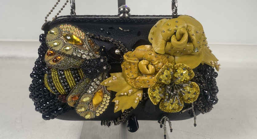 (SOLD) Mary Frances Retired Beaded Bee & Floral Embellished Frame Clutch | Black Yellow Statement Evening Bag