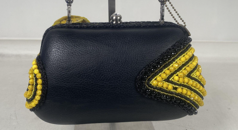 (SOLD) Mary Frances Retired Beaded Bee & Floral Embellished Frame Clutch | Black Yellow Statement Evening Bag