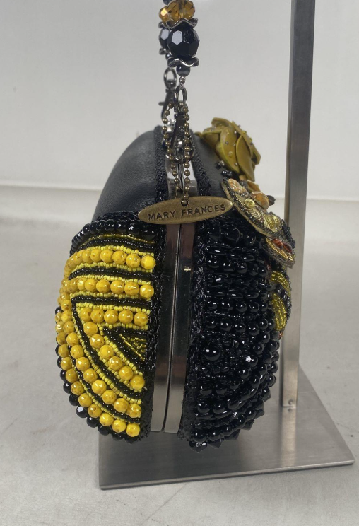 (SOLD) Mary Frances Retired Beaded Bee & Floral Embellished Frame Clutch | Black Yellow Statement Evening Bag