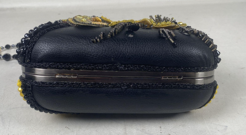 (SOLD) Mary Frances Retired Beaded Bee & Floral Embellished Frame Clutch | Black Yellow Statement Evening Bag