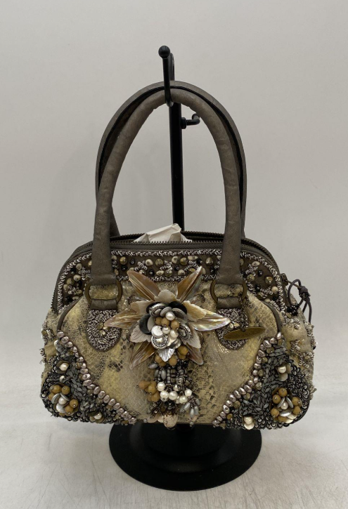 Mary Frances Beaded Leather Handbag Retired Bronze Floral Pearl Embellished Bag