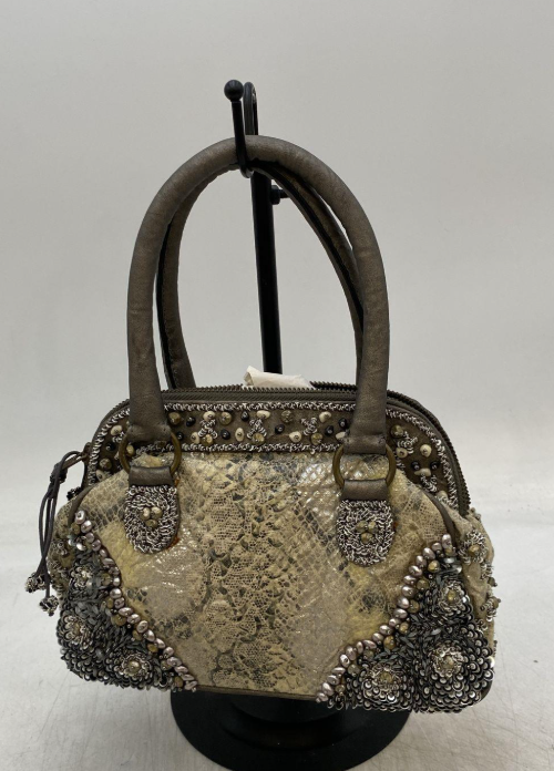 Bronze metallic leather handbag with beadwork, faux pearls, sequins and floral appliqué, view 6
