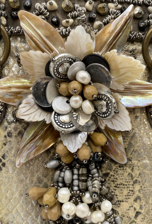 Bronze metallic leather handbag with beadwork, faux pearls, sequins and floral appliqué, view 5