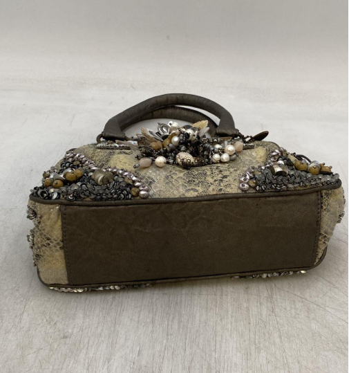 Bronze metallic leather handbag with beadwork, faux pearls, sequins and floral appliqué, view 3