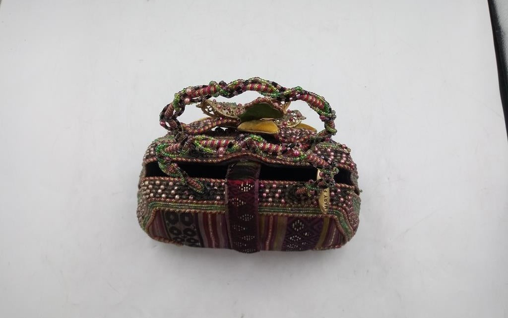Multicolor beaded handbag with dimensional flower design and beaded top handle, view 7
