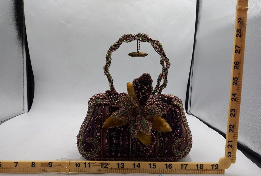 Multicolor beaded handbag with dimensional flower design and beaded top handle, view 11