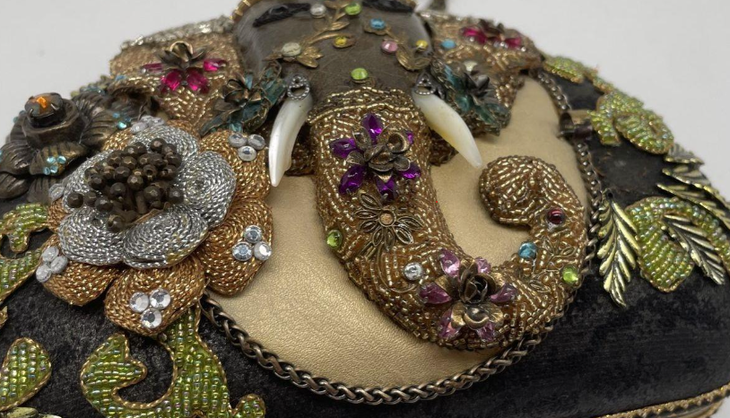 Mary Frances beaded evening clutch with elephant motif, floral embellishment and chain strap, view 7