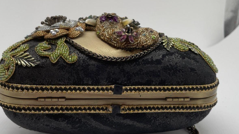 Mary Frances beaded evening clutch with elephant motif, floral embellishment and chain strap, view 3