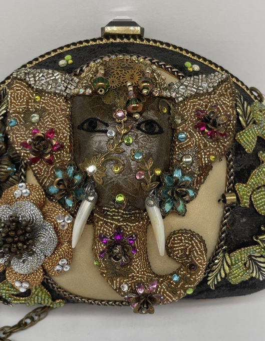 Mary Frances beaded evening clutch with elephant motif, floral embellishment and chain strap, view 6