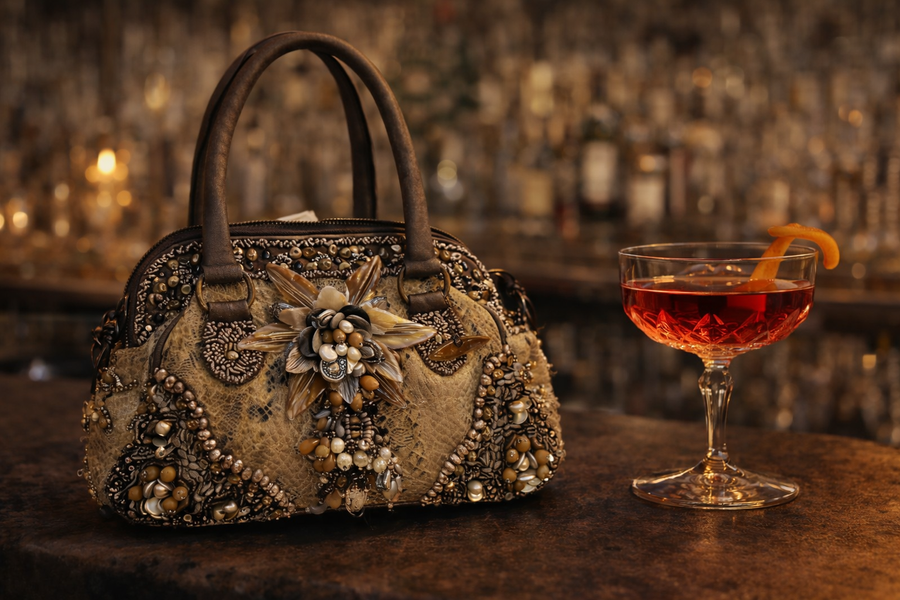 Bronze metallic leather handbag with beadwork, faux pearls, sequins and floral appliqué