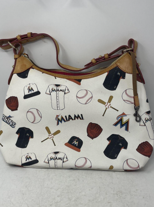 Dooney and Bourke white leather hobo with Miami Marlins baseball print, view 2