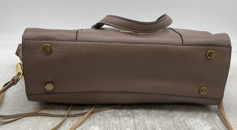 Brown pebbled tote handbag with top handles, zip top and slim side ties, view 5