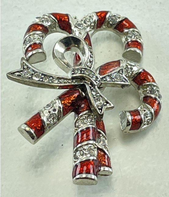 Signed Monet silver-tone candy cane cluster brooch with red enamel and rhinestones, view 2