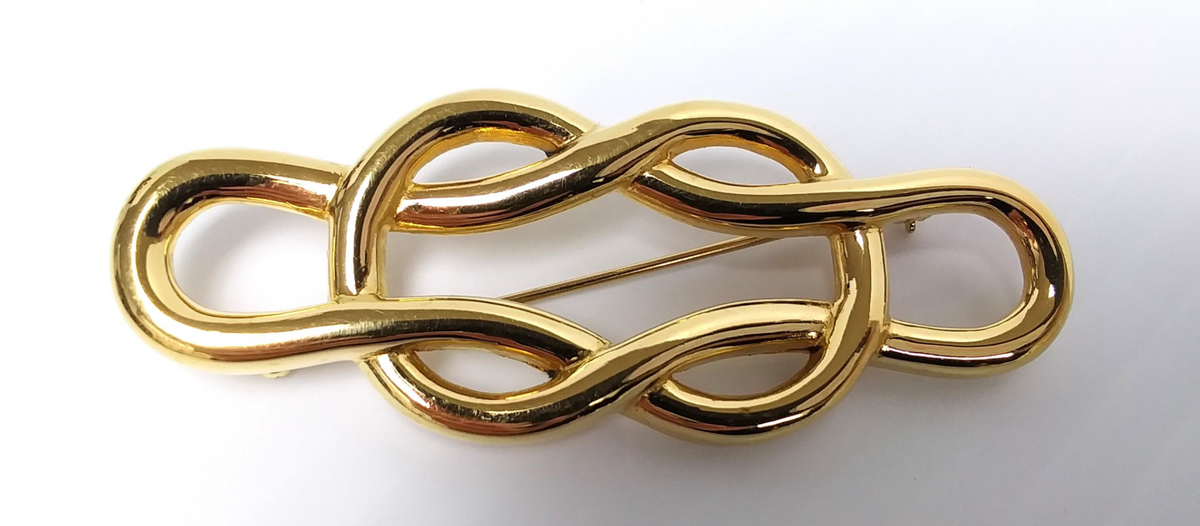 Signed Monet gold-tone interlocking knot bar brooch, view 2
