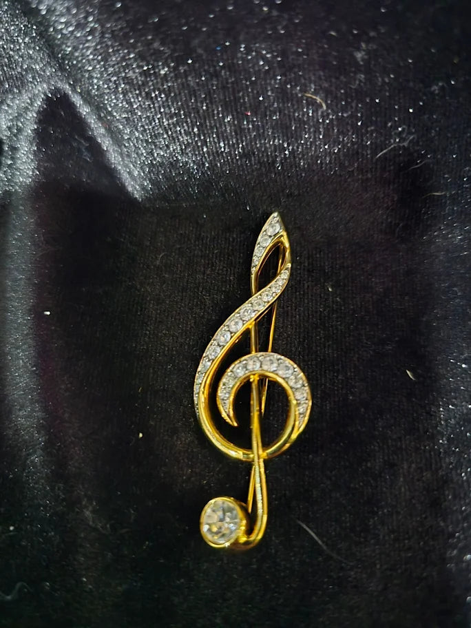 Swarovski Crystal Treble Clef Brooch – Gold Tone, Signed, Musical Motif