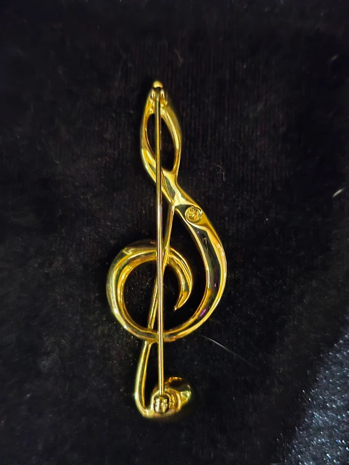 Swarovski Crystal Treble Clef Brooch – Gold Tone, Signed, Musical Motif