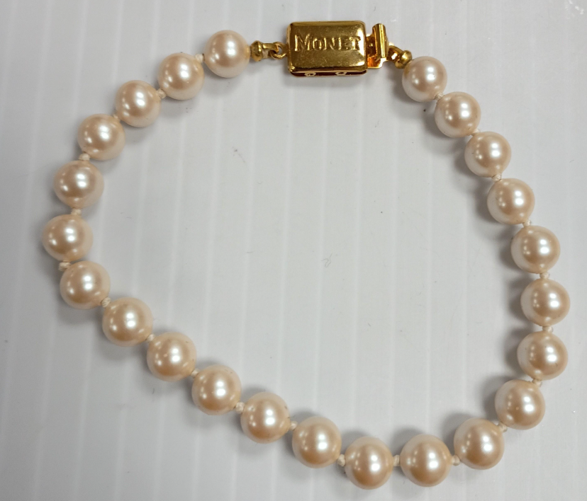 Signed Monet faux pearl bracelet with gold-tone clasp, view 2