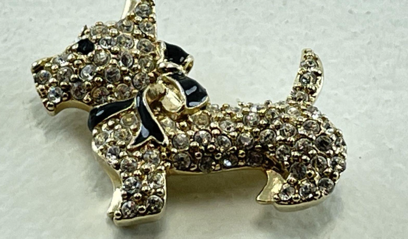 Signed Monet gold-tone Scottie dog brooch with clear rhinestones and black enamel, view 2