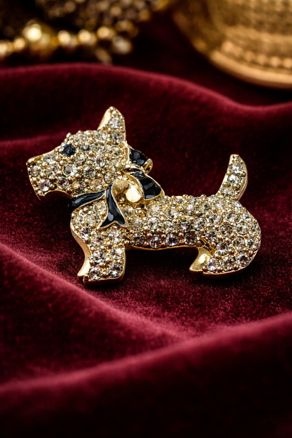 Vintage Monet Black Enamel Scottie Dog Brooch with Clear Rhinestones | Signed Gold-Tone Terrier Pin