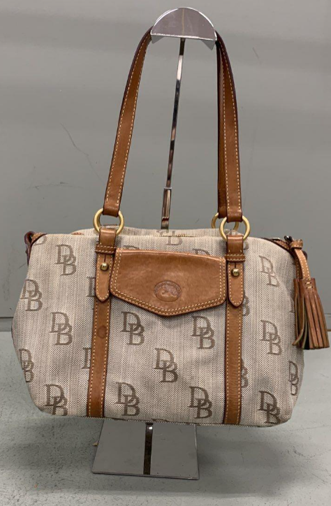 Dooney and Bourke DB monogram canvas barrel satchel with leather trim, rolled handles and tassel, view 2