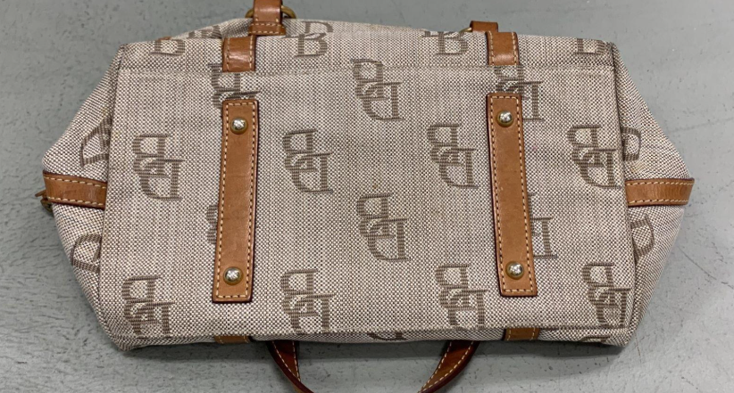 Dooney and Bourke DB monogram canvas barrel satchel with leather trim, rolled handles and tassel, view 5