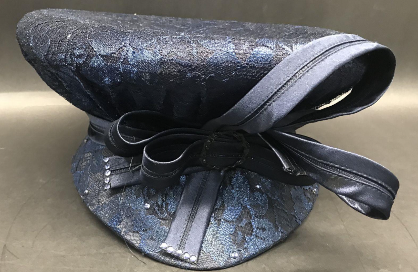 Ms. Devine Navy Satin Church Hat with Embroidered Lace, Beads & Rhinestones | Statement Occasion Hat