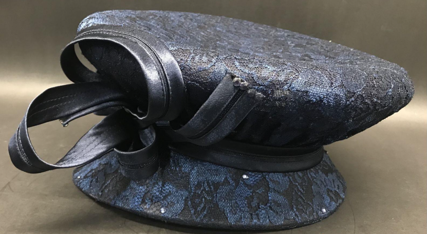 Ms. Devine Navy Satin Church Hat with Embroidered Lace, Beads & Rhinestones | Statement Occasion Hat