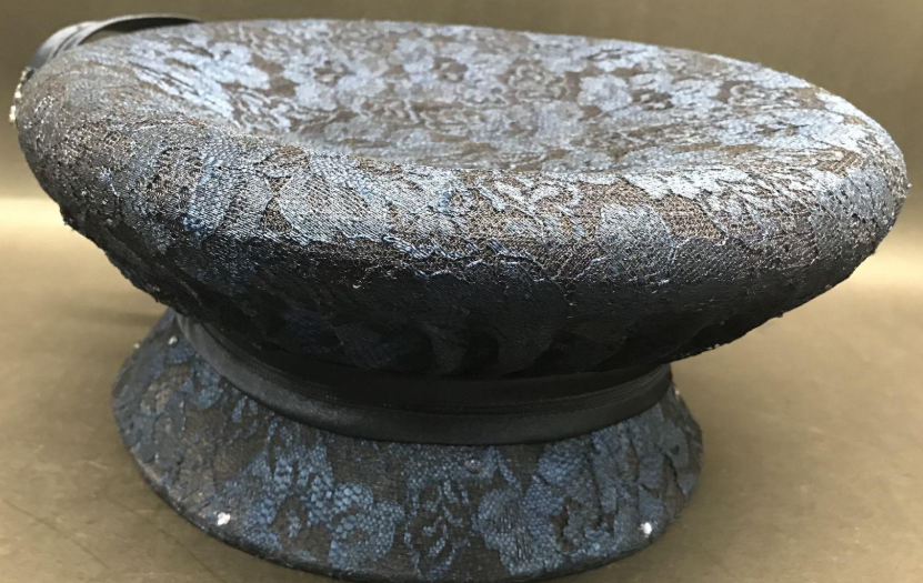 Ms. Devine Navy Satin Church Hat with Embroidered Lace, Beads & Rhinestones | Statement Occasion Hat