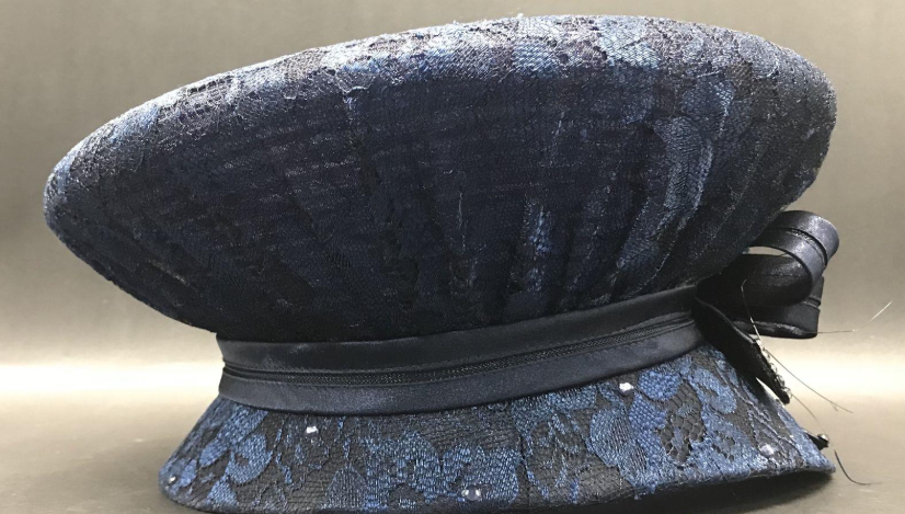 Ms. Devine Navy Satin Church Hat with Embroidered Lace, Beads & Rhinestones | Statement Occasion Hat