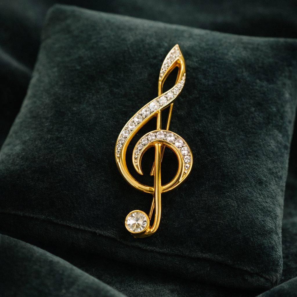 Swarovski Crystal Treble Clef Brooch – Gold Tone, Signed, Musical Motif