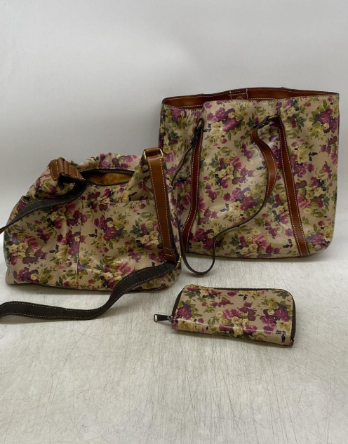 Three-piece floral print bag set with tote, crossbody satchel and zip wallet with leather trim, view 7