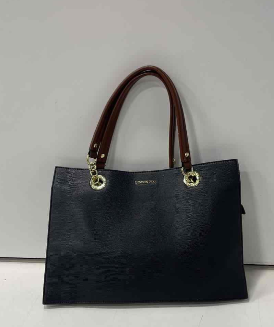 London Fog Navy Blue Leather Tote Bag | Structured Shoulder Handbag Gold Hardware