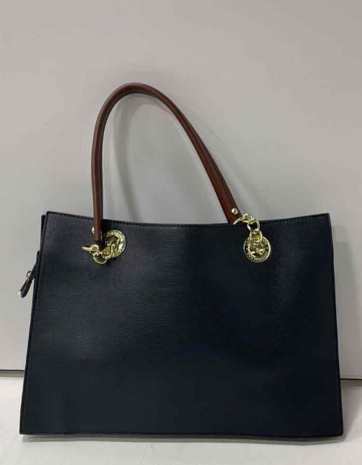 Navy blue textured leather tote with brown handles and gold-tone hardware, view 6
