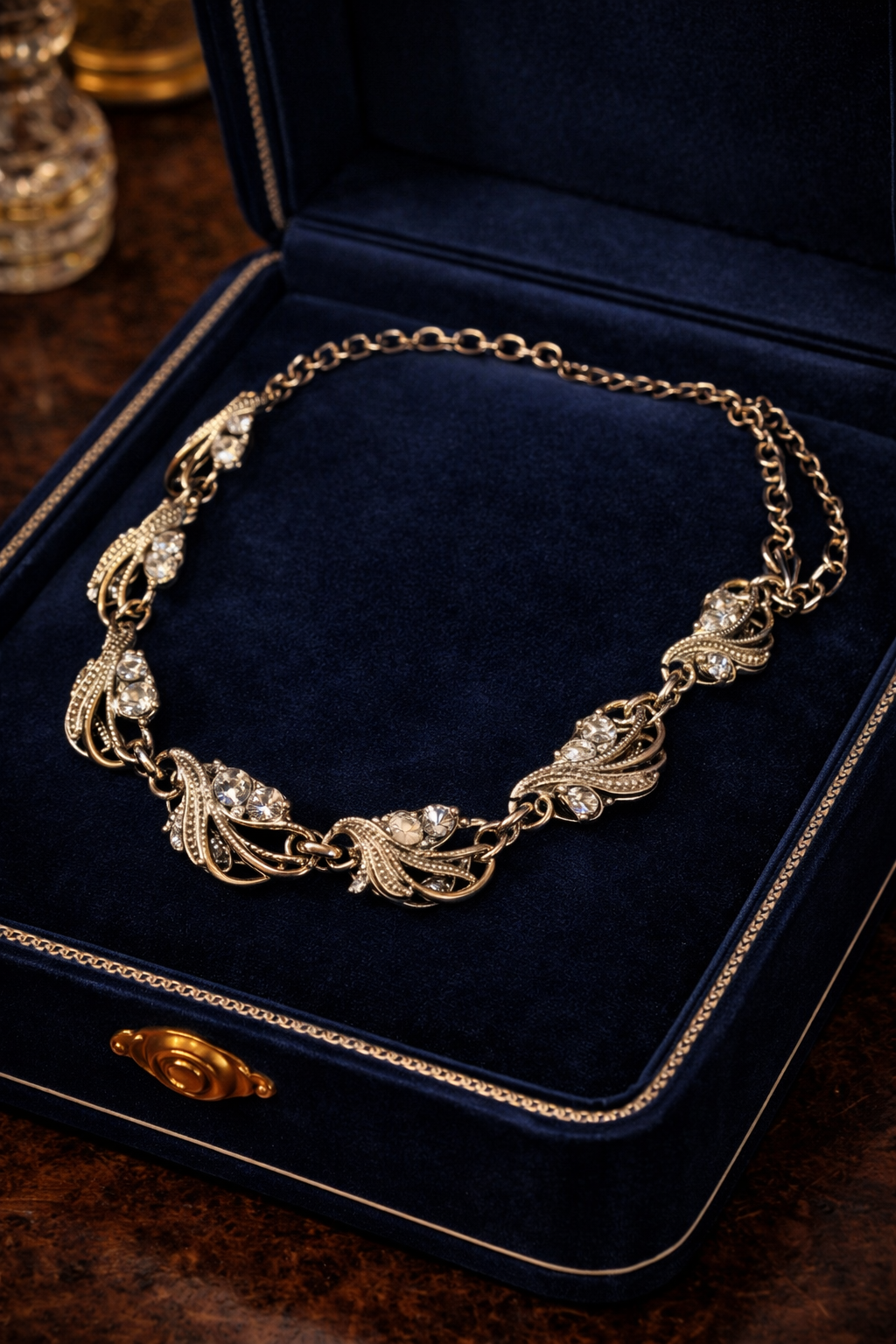 Gold-tone rhinestone statement necklace with leaf and scroll links