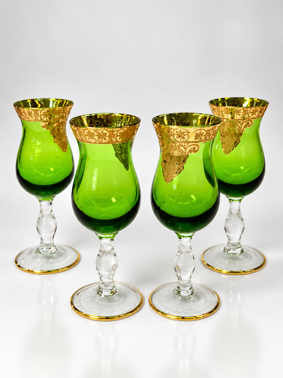 Emerald green glass cordial decanter and six stemmed glasses with ornate gold-tone decoration, view 4