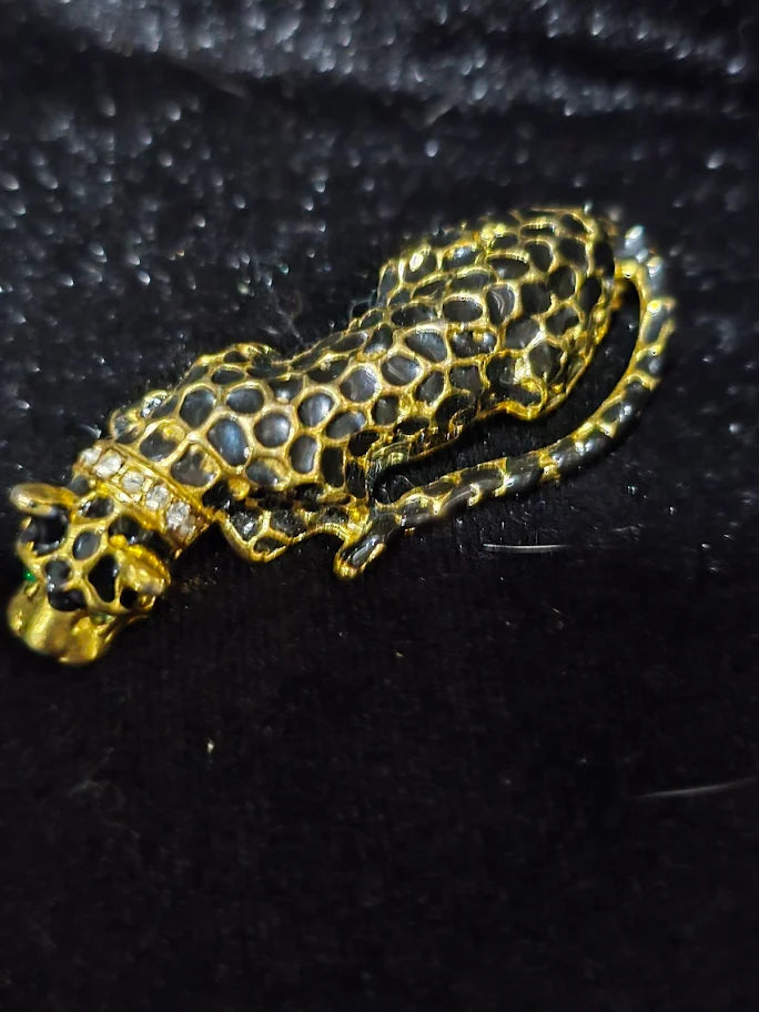 Vintage Black Enamel Panther Brooch – Gold Tone Rhinestone Collar