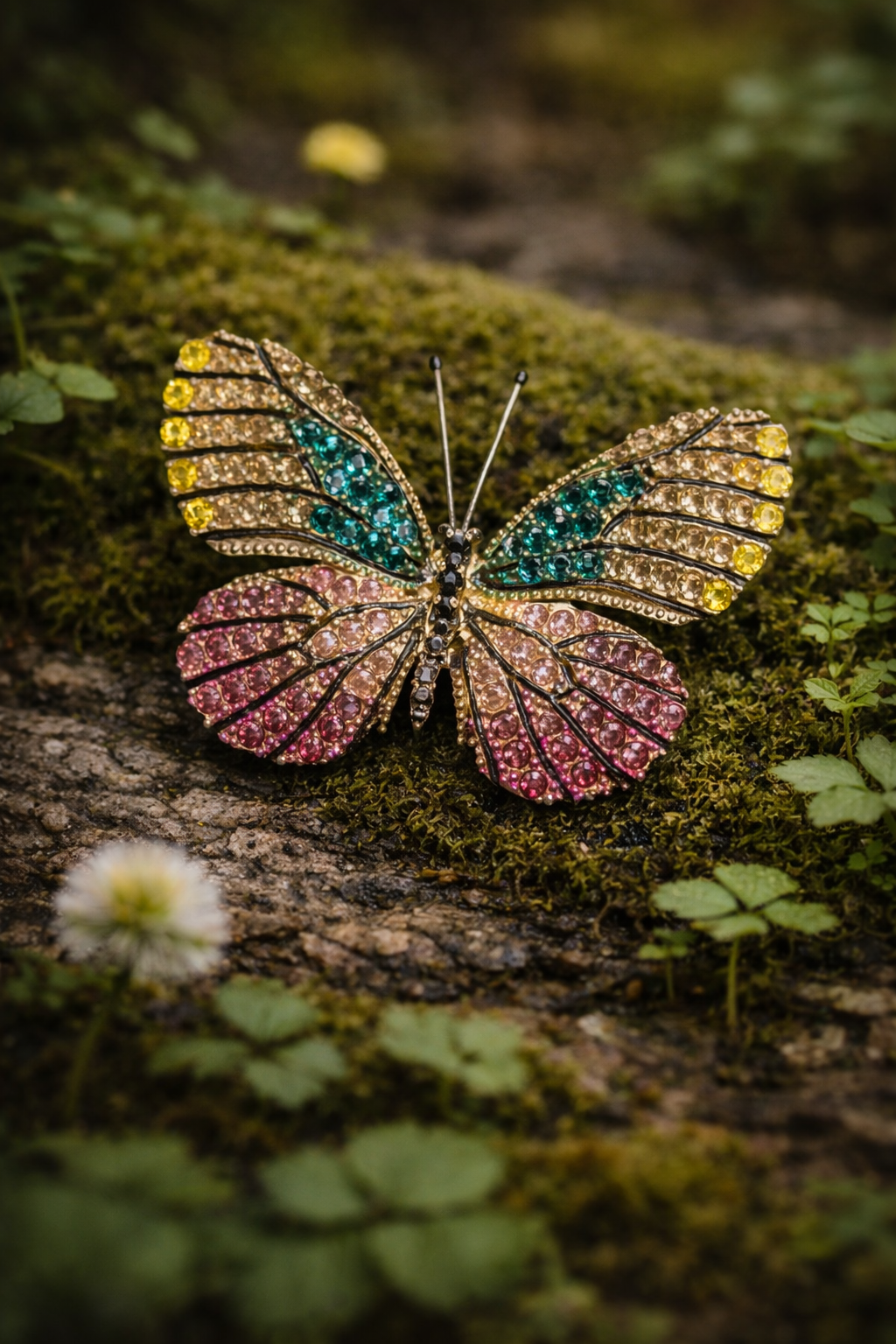 Gold-tone butterfly brooch with yellow, green and pink pavé rhinestones