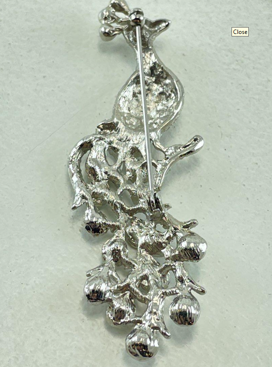 Silver-tone peacock brooch with clear and aurora borealis rhinestones, view 3