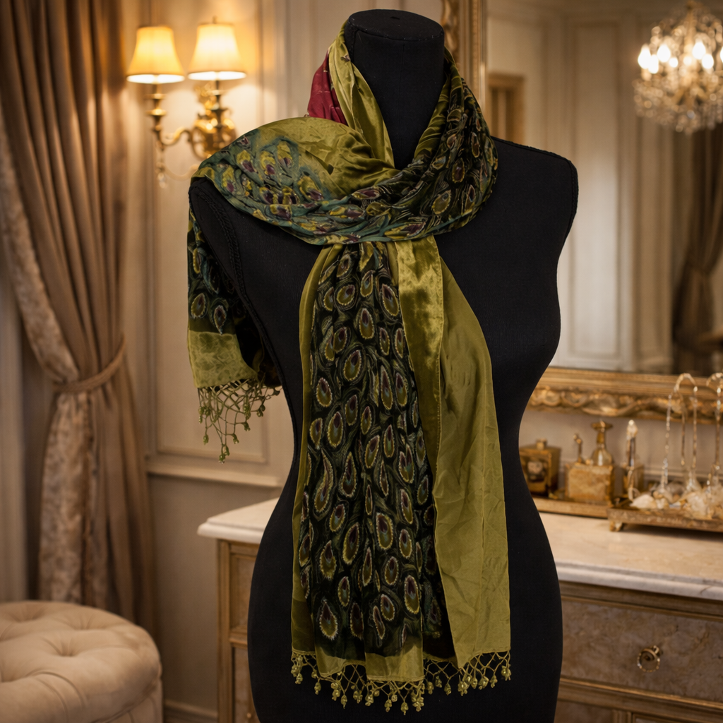 Green and gold peacock motif scarf with velvet trim and fringe