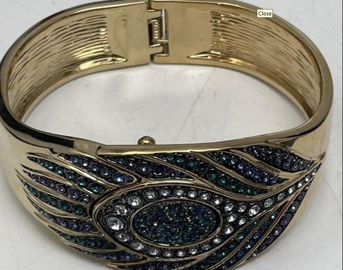 (SOLD) V.W. Beverly Hills Peacock Crystal Cuff Watch Bracelet | Gold-Tone (NOT WORKING FOR Parts or Repair)