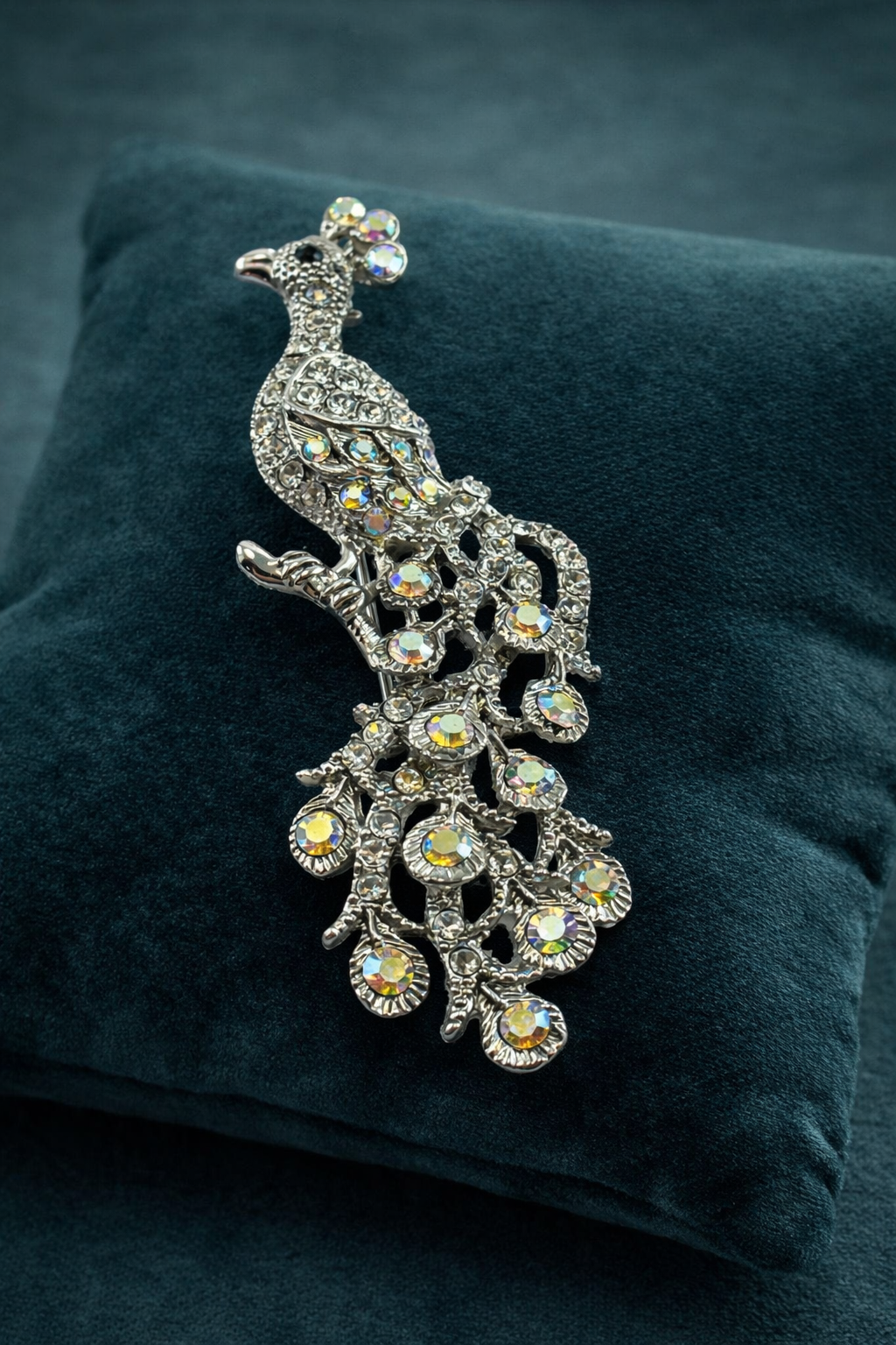 Silver-tone peacock brooch with clear and aurora borealis rhinestones