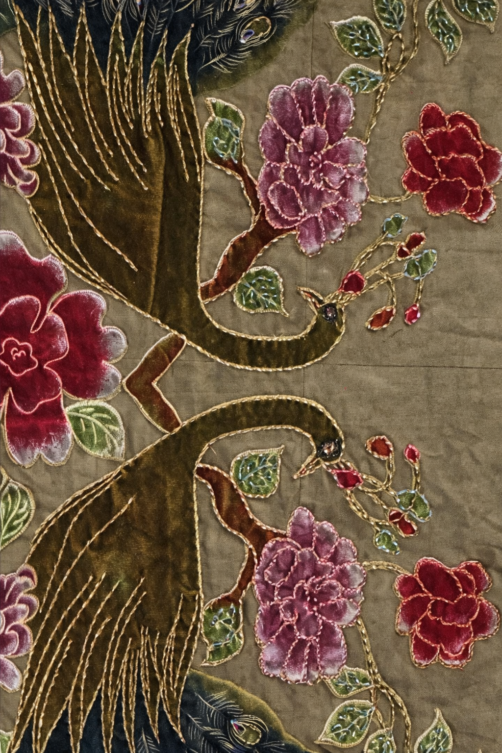 Green and gold peacock motif scarf with velvet trim and fringe, view 2