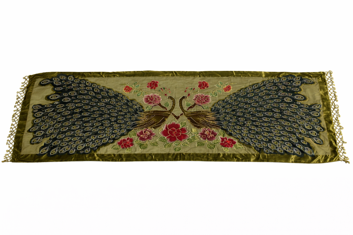 Green and gold peacock motif scarf with velvet trim and fringe, view 3