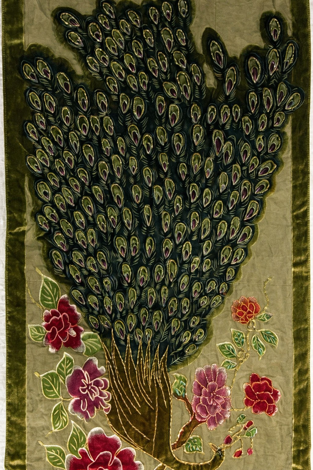 Green and gold peacock motif scarf with velvet trim and fringe, view 4