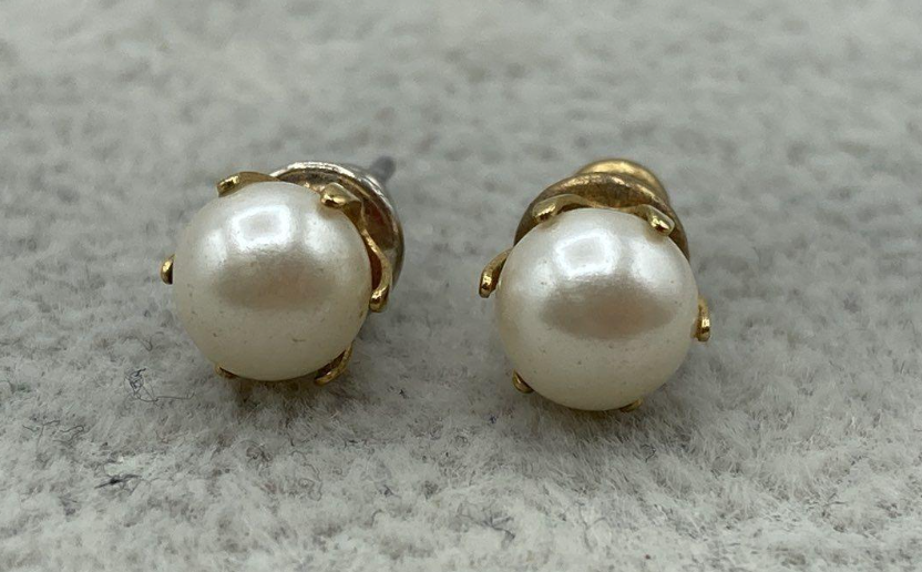 Vintage Pearl Stud Earrings with Gold-Tone Prong Settings | Estate Jewelry