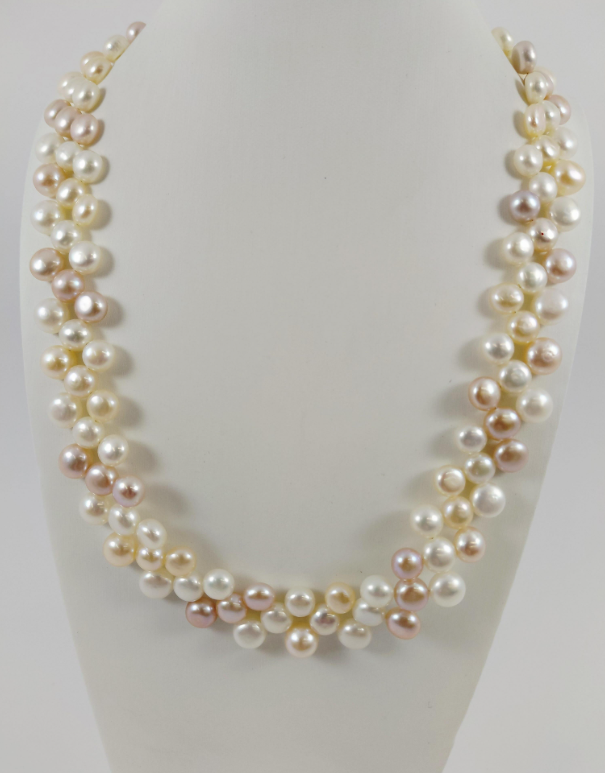 Multi-strand pink and white button pearl cluster necklace, view 2