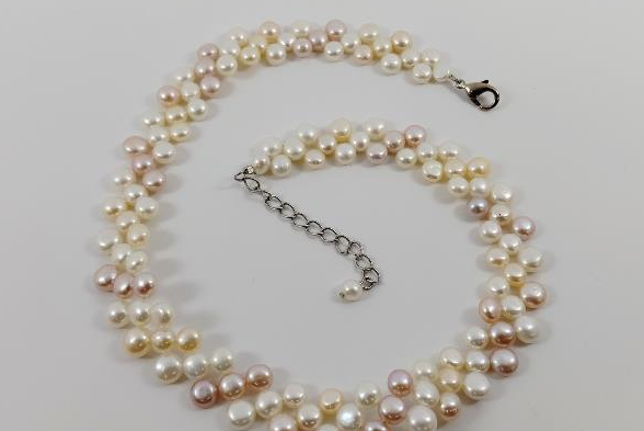 Multi-strand pink and white button pearl cluster necklace, view 3