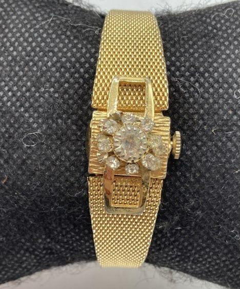 Vintage Pilgrim Gold-Tone Mesh Bracelet Watch with Rhinestone Accent