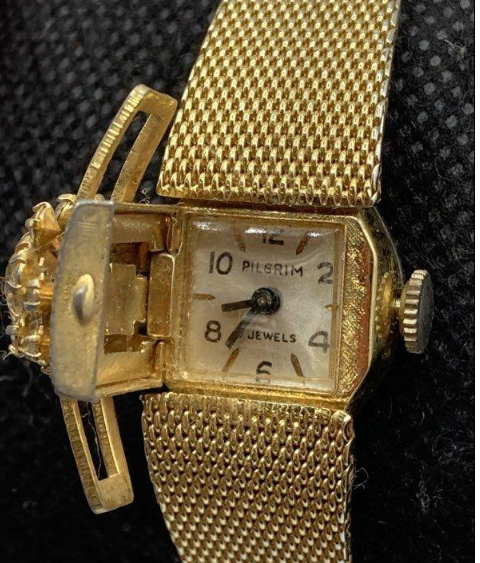Vintage Pilgrim Gold-Tone Mesh Bracelet Watch with Rhinestone Accent