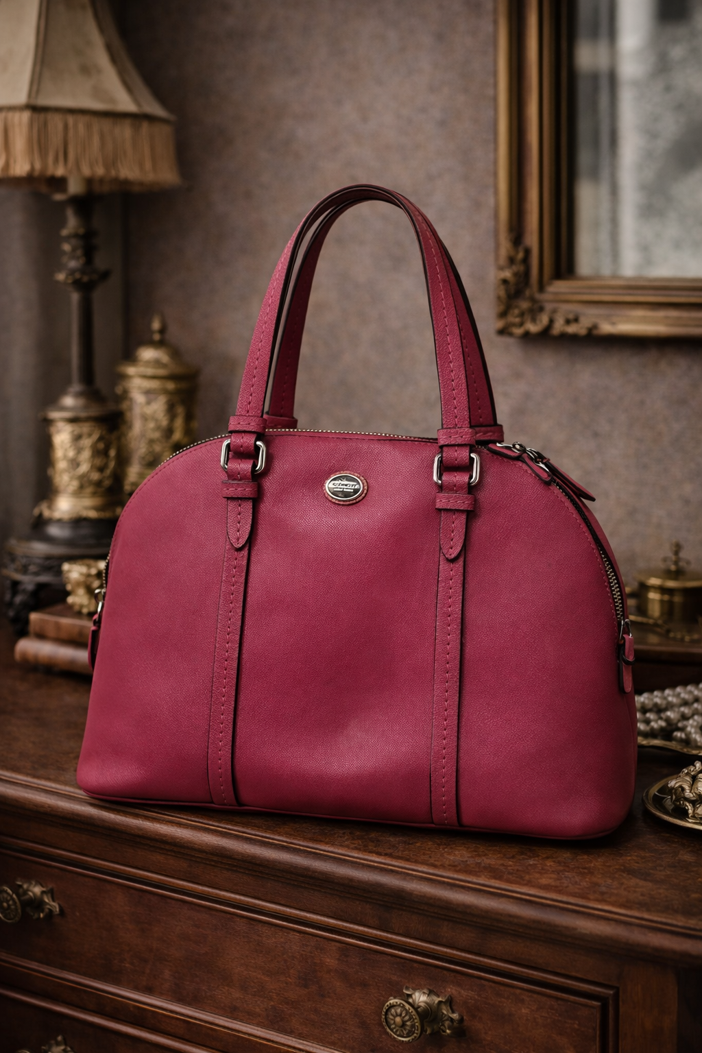 Coach Pink Saffiano Leather Dome Satchel Handbag w/ Silver Hardware